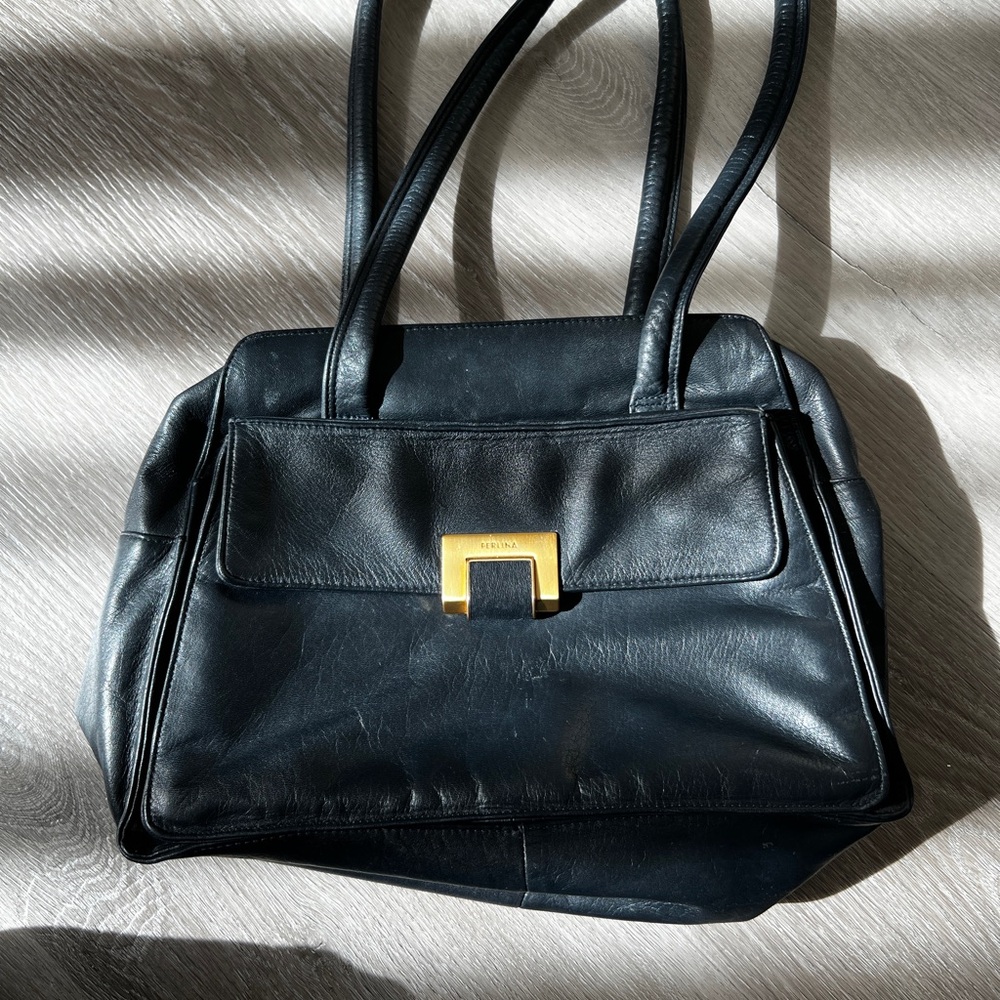 Perlina Black Leather Shoulder Bag with Gold Accent